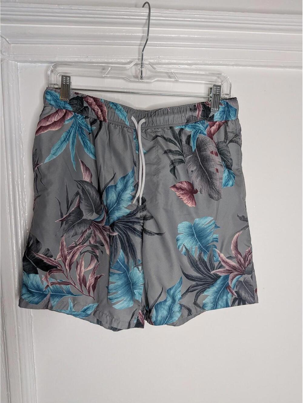 ASOS Swim Shorts Mens Medium Gray Tropical Floral Elastic Lined Trunks Pockets
